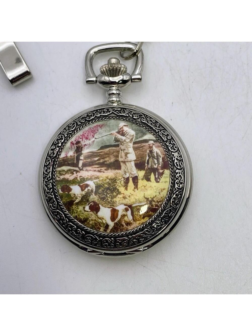 Quartz Pocket Watch  Hunter Intricate Designed casing Silver Tone